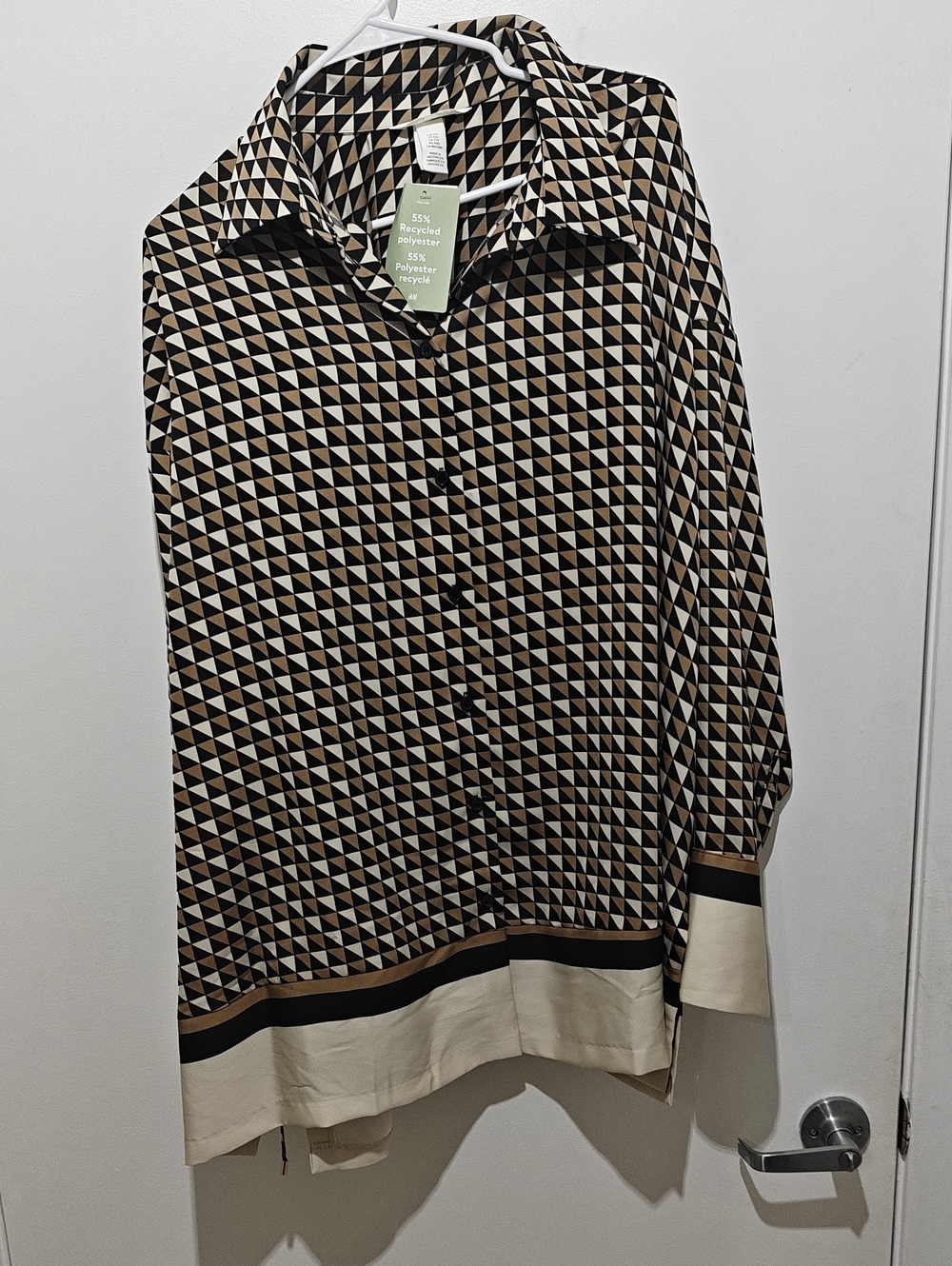 Geometric Triangle Print Button-Up Shirt in Black and Cream + Pant Combo